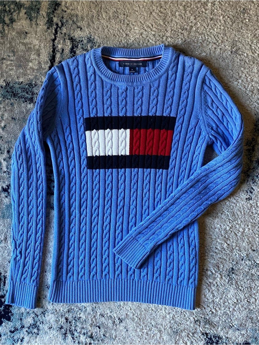 Tommy Hilfiger Sky Blue Cable-Knit Crewneck with Red, White & Navy Flag